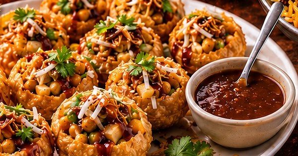 A plate of fuchka filled with spiced chickpeas, with tamarind sauce